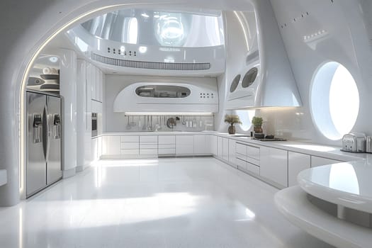 futuristic clean white space station style interior of kitchen room. Neural network generated image. Not based on any actual scene or pattern.
