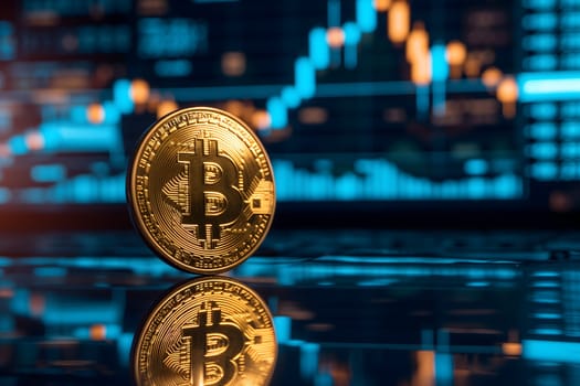 Bitcoin shiner in front of blurry trading charts screen. Dark appearance. Neural network generated image. Not based on any actual scene or pattern.