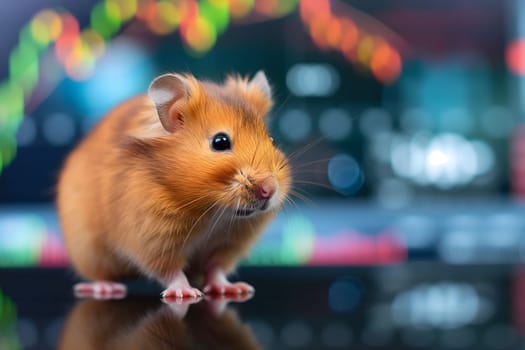 Hamster in front of blurry trading charts, novice in stock exchange and asset market concept. Neural network generated image. Not based on any actual scene or pattern.