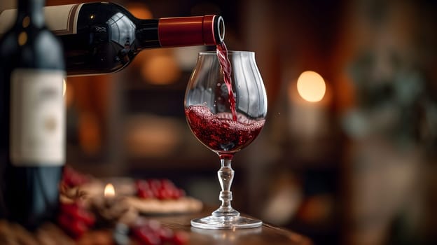 A wine bottle, with its elegant shape and deep red liquid inside, is being poured into a crystal glass, ready to be enjoyed during a romantic dinner. Neural network generated image. Not based on any actual scene or pattern.