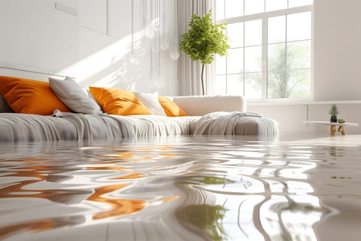 Home Floor Flooded, Showcasing Water Damage And Potential Issues. Neural network generated image. Not based on any actual scene or pattern.