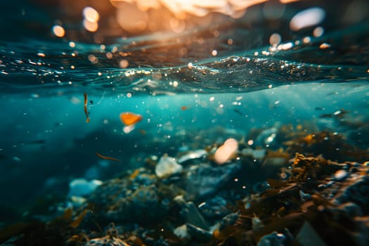 Plastic pollution in the ocean, garbage floating under water illuminated with sunlight. Neural network generated image. Not based on any actual scene or pattern.