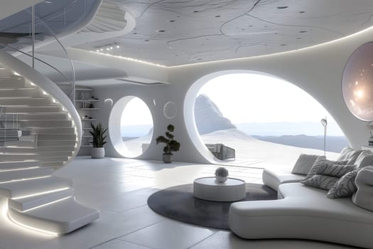 futuristic clean white space station style interior of living room. Neural network generated image. Not based on any actual scene or pattern.