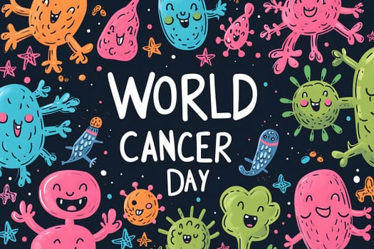Simple cartoon world cancer day background with the inscription on it, surrounded with colorful happy tumors. Neural network generated image. Not based on any actual scene or pattern.