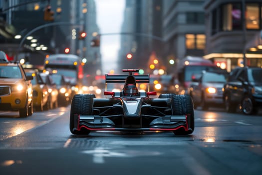 Formula 1 car stuck in traffic at the rush hour on the road of a capital city. Neural network generated image. Not based on any actual scene or pattern.