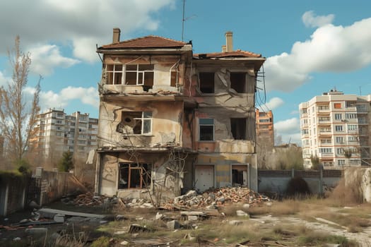 Ruined houses street after war. Neural network generated image. Not based on any actual scene or pattern.