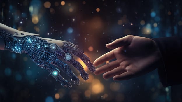 artificial intelligence and human hands doing handshake, ai