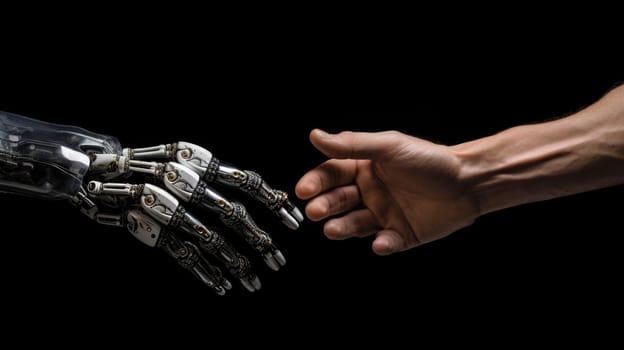 artificial intelligence and human hands doing handshake, ai