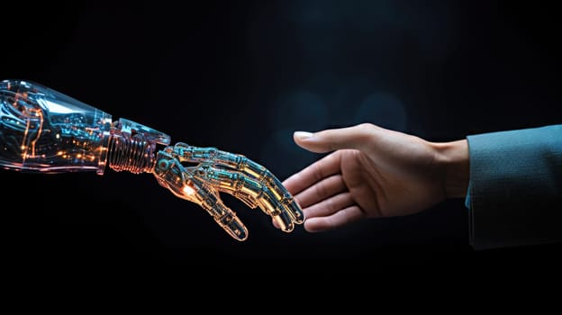 artificial intelligence and human hands doing handshake, ai