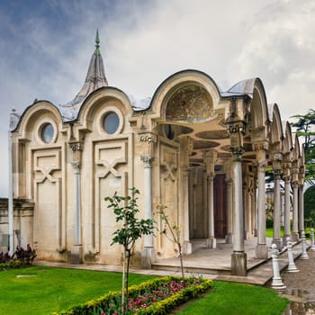 Sea Pavilion, or Sea Kiosk, aka tent kiosk, a 19th century stone building with decorated columns and a steeple, located in the courtyard of Beylerbeyi Palace by the Bosphorus, Istanbul, Turkey