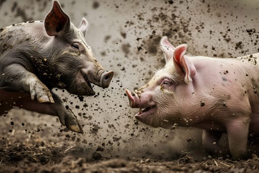 Two pigs running in a dirt at sunny day with splashes of mud. Neural network generated image. Not based on any actual scene or pattern.