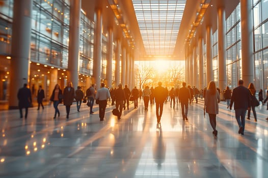 Many business people walking in bright office lobby fast moving with blurry. Neural network generated image. Not based on any actual scene or pattern.