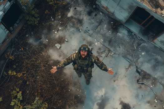 Soldier on the battlefield, view from above, drone point of view. Neural network generated image. Not based on any actual scene or pattern.