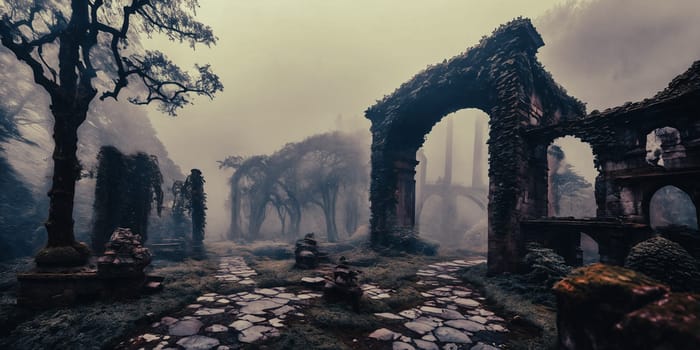 Mist-Clad Ruins. The remnants of an ancient castle, shrouded in mist. Ivy-clad walls crumble gracefully, and forgotten statues guard the entrance.