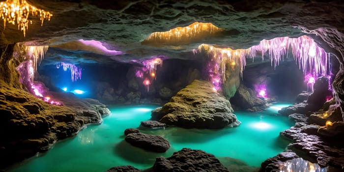Glowing Caverns. An underground wonderland, a cavern adorned with luminescent crystals. Their soft glow reveals winding tunnels, reflecting pools, and the promise of hidden treasures.