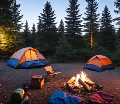 Campsite Coziness. Set up a cozy camping scene with a tent pitched under the starry night sky, illuminated by a warm campfire. Panorama