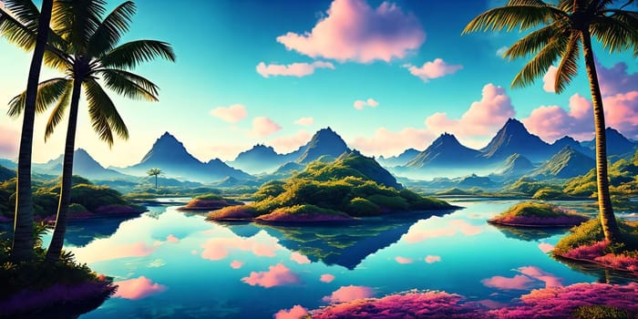 Sunset paints the sky in hues of pink and blue over a tranquil sea, palm trees lining the shore on Paradise fantasy planet.