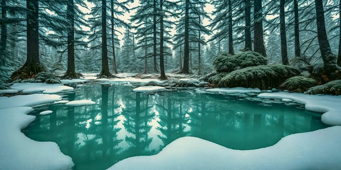 Frozen Fairy Pond. In the heart of a snow-covered forest, a pond lies frozen. Delicate frost patterns adorn its surface, and beneath the ice, mythical creatures slumber.The stillness and magic of winter.