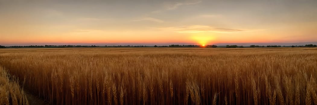 Tranquility of a vast wheat field at sunset, with the warm tones of the sky mirroring the golden hues of the ripe crops