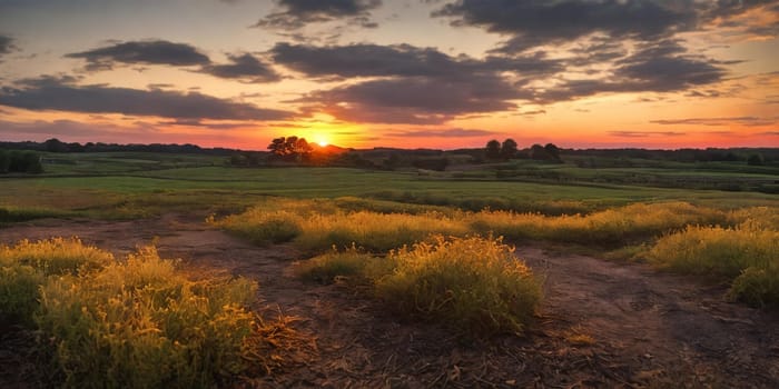Wooden houses by a lowland river at sunset: Rustic charm tranquil waters reflect the golden sky. Nature's beauty at its finest. Generative AI.