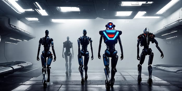 In a futuristic world ruled by AI and robotics, androids, cyborgs, and intelligent machines operate in an automated setting, showcasing advanced technology at its peak.