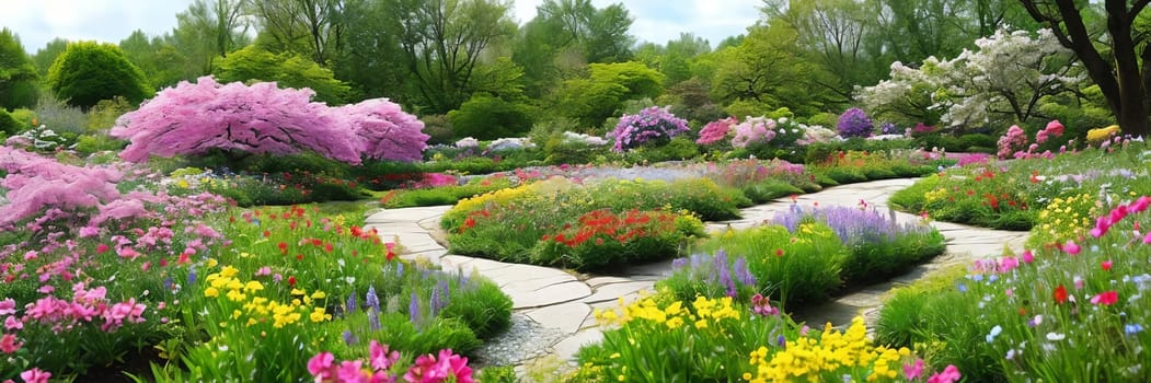 Beauty of a blooming flower garden in full springtime glory, with a variety of colorful blossoms creating a vibrant display of nature's wonders