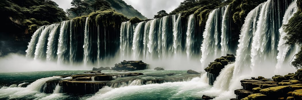 Witness a majestic waterfall plunging down a rocky cliff, displaying the raw power and beauty of nature in a mesmerizing capture
