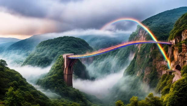 Rainbow Bridge. Arching across a misty gorge, a rainbow bridge connects two worlds. Its colors shift with the light, and travelers-human or magical, cross between realms. The bridge's ephemeral beauty.