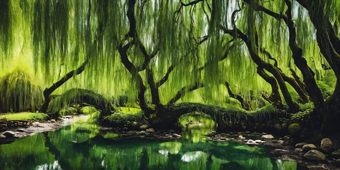 Whispering Willow Grove. Beneath ancient willow trees, their long branches trailing in a silver river, tiny doors appear. Fairies, sprites, and woodland creatures gather here, sharing secrets and laughter.