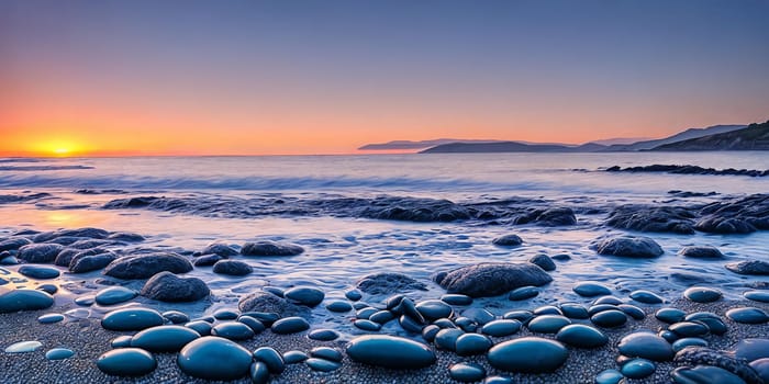 A serene pebble beach glows under the warm hues of the setting sun, casting long shadows as the waves gently caress the shoreline. Generative AI