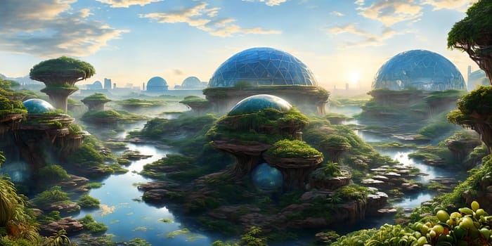 Vibrant biodome city on alien planet. diverse ecosystems, artificial, bioengineered. A futuristic oasis teeming with life innovation.