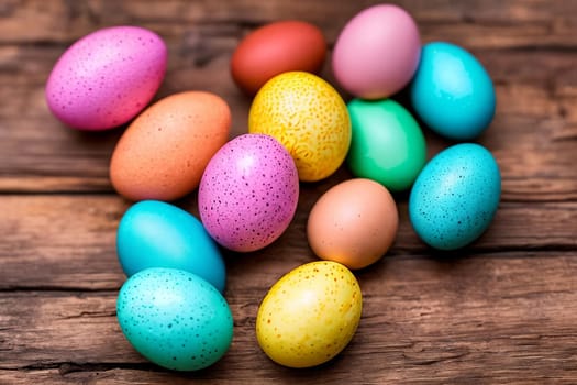 Vibrant Easter Eggs. A close-up image of colorful and intricately decorated Easter eggs arranged in a beautiful pattern on a rustic wooden background, emphasizing the unique designs and textures.
