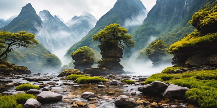 Immerse in the pristine mountain river Cliffs adorned with lush greenery tall trees Serenity flows in the air amid towering peaks. Generative AI.