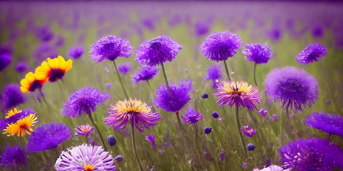 Whimsical and enchanting background using a blend of wildflowers such as dandelions, lavender, and poppies. Panorama