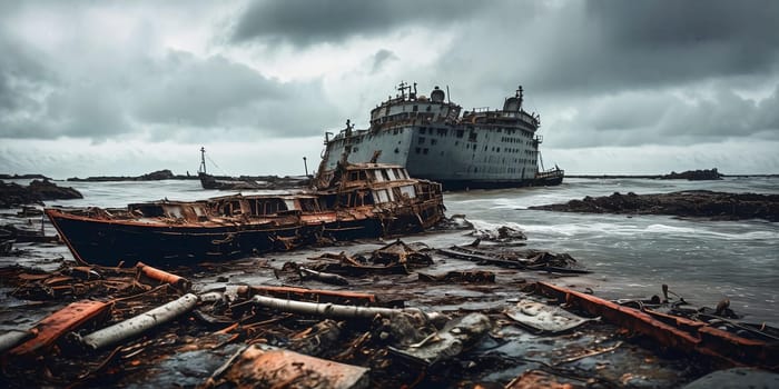 Shipwrecked World. Post-apocalyptic coastal scene with sunken ships, washed-up debris, and a desolate shoreline overlooking a vast and unforgiving sea.