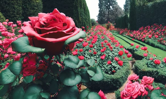 Timeless beauty of a classic rose garden in full bloom. Different angles and perspectives to showcase the rich colors and exquisite petal formations of various rose varieties. Panorama