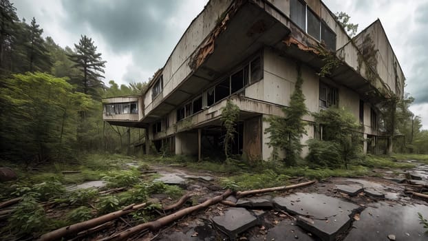 Nature's Takeover. Post-apocalyptic setting where nature prevails, with trees growing through broken concrete, wildlife thriving in abandoned structures, and a sense of harmony between man-made structures and the natural world.