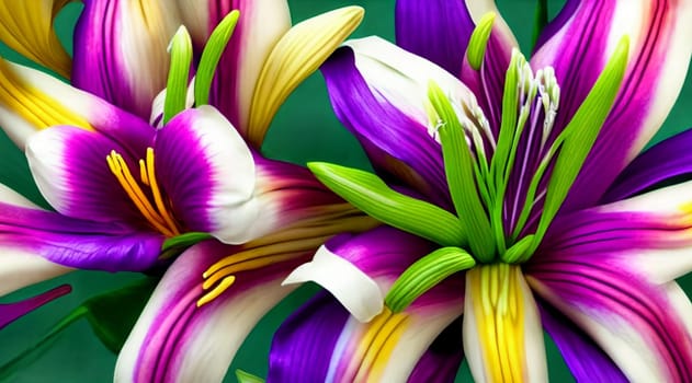 Beauty of symmetry by arranging an assortment of vibrant lilies in a geometric pattern. Panorama