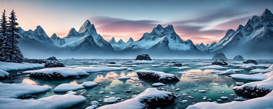 Frozen tundra planet, frigid, icy world with towering glaciers, snow-covered mountains, and icy rivers. Panorama, Generative AI