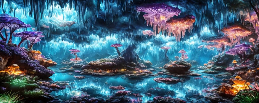 Crystal Cave, a subterranean world filled with shimmering crystal formations, glowing mushrooms, and irides. Generative AI