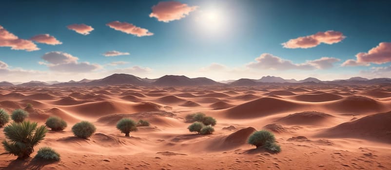 A vast desert expanse with rolling dunes under a cloudy, sunny sky. Generative AI