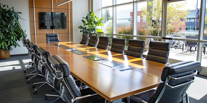 Interior of a modern conference room with chairs and tables. Nobody inside