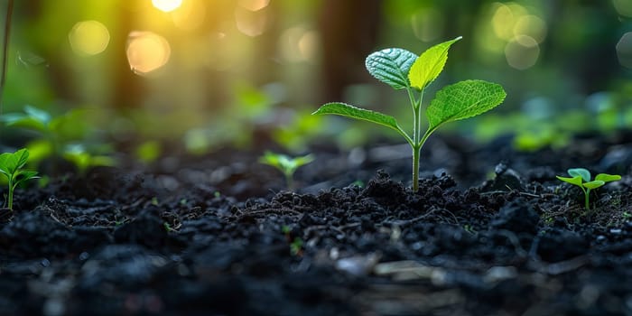Green seedling growing from seed in the morning light, Ecology concept