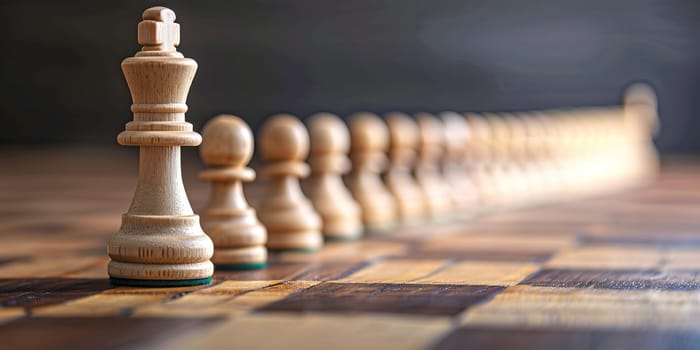 wooden chess pieces on a chessboard, the concept of leadership and success