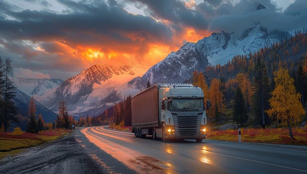 Truck traversing mountainous terrain during a picturesque sunset