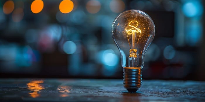 A glowing light bulb illuminates a dark bokeh background symbolizing innovation and creativity