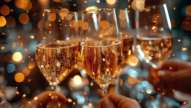 Hands holding champagne glasses celebrating against a sparkling bokeh background