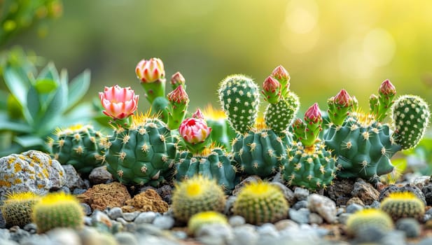 Cactus plants in the garden with sunlight and bokeh background.