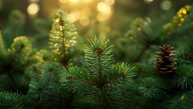 Spruce branches with cones glow in morning light