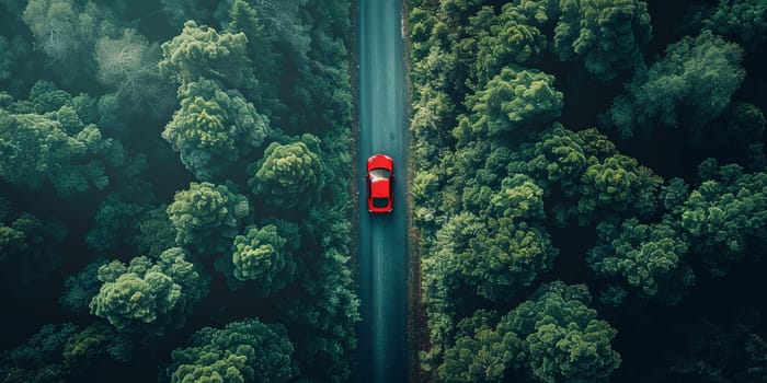 Aerial view of red car driving on the road in the forest